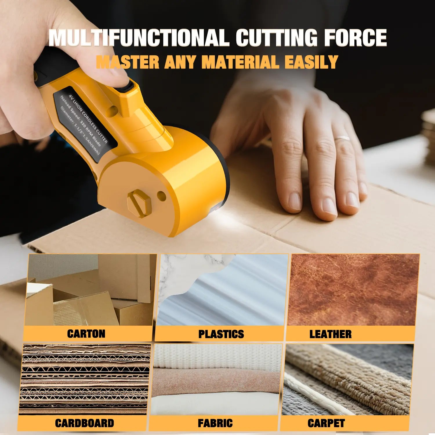 【MothersDayGift】Cordless Electric Scissors 4V – Rechargeable Heavy Duty Cutter with Safety Lock, LED Light, Long Battery Life & 2 Extra Blades | Easy-to-Use Wireless Shears for Cardboard, Packaging Yellow with Storage Bag