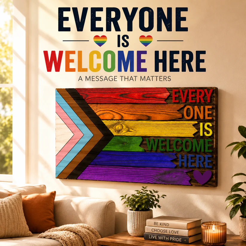 Everyone Is Welcome Here™ | Handmade 3D Progress Pride Flag Wood Sign
