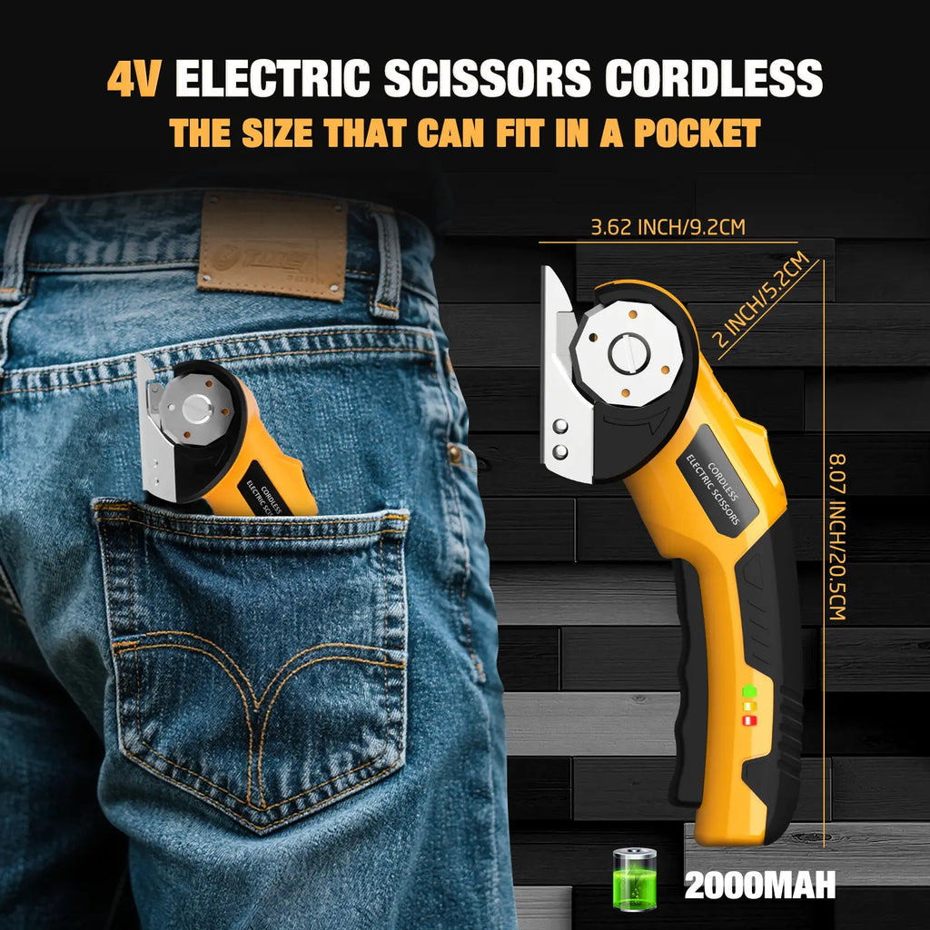 【MothersDayGift】Cordless Electric Scissors 4V – Rechargeable Heavy Duty Cutter with Safety Lock, LED Light, Long Battery Life & 2 Extra Blades | Easy-to-Use Wireless Shears for Cardboard, Packaging Yellow with Storage Bag