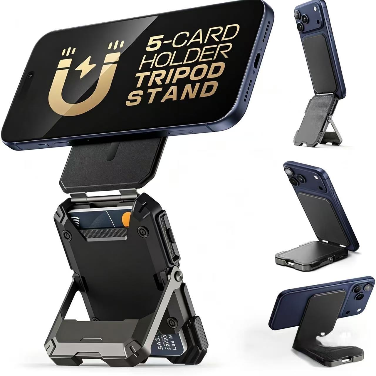 🔥Magnetic Wallet with Stand Compatible with MagSafe, Hold 5 Cards,Adjustable Stand,RFID Blocking,Tripod Phone Stand Magnetic Credit Card Holder for iPhone