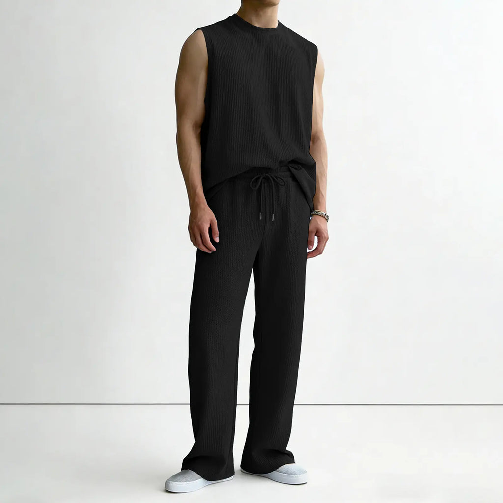 Mens 2 Piece Rib Knit Sweatsuit Summer Sleeveless Tank Top Baggy Wide Leg Pants Set Vacation Beach Outfit for Men