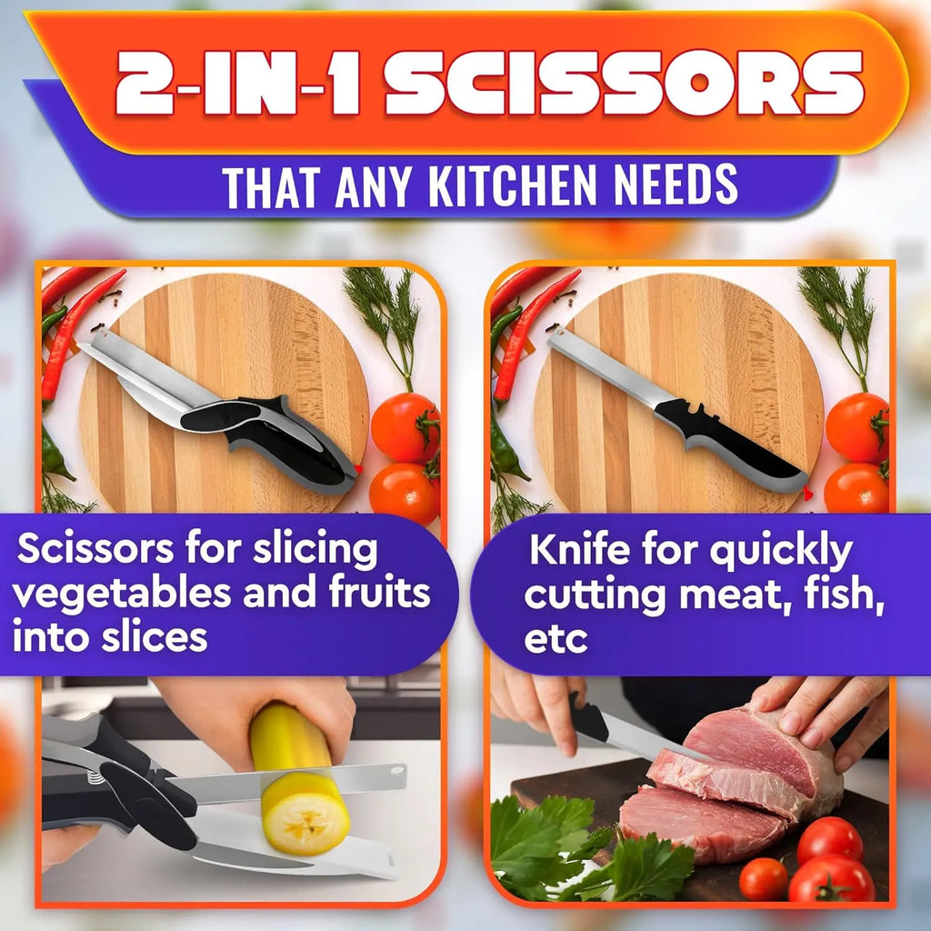 ✂2 in 1 Kitchen Scissors– Stainless Steel Blade & Plastic Cutting Board Scissors