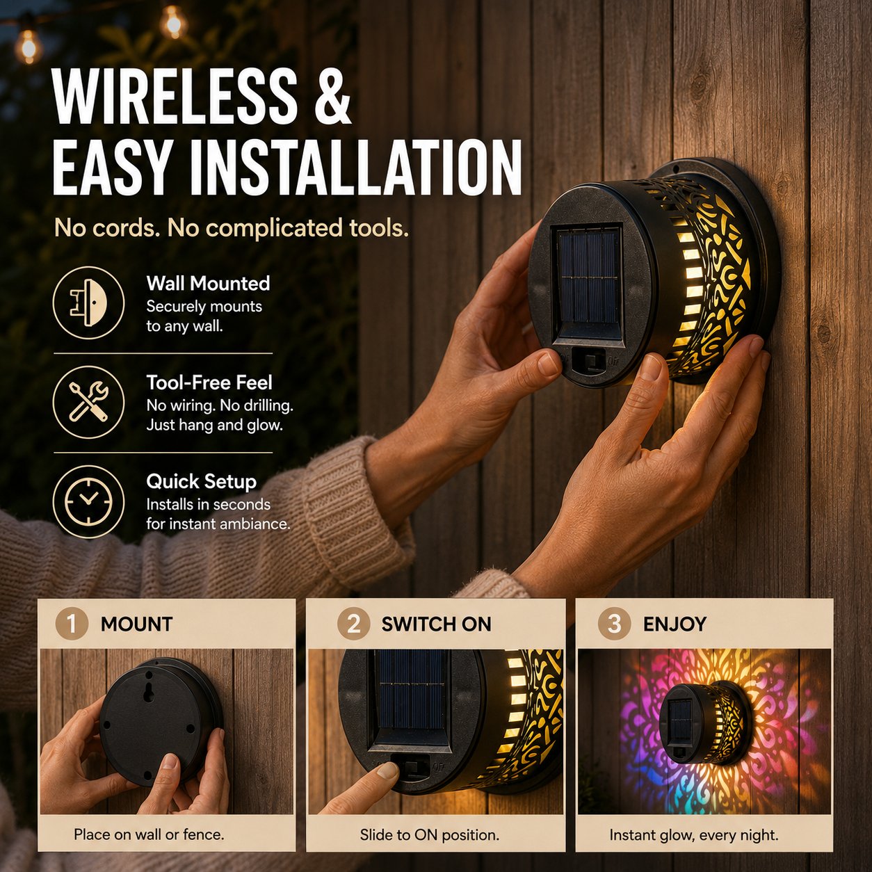 🌸Solar Mandala Wall Light Outdoor Garden Fence Projector Lamp Patio Ambient Decor