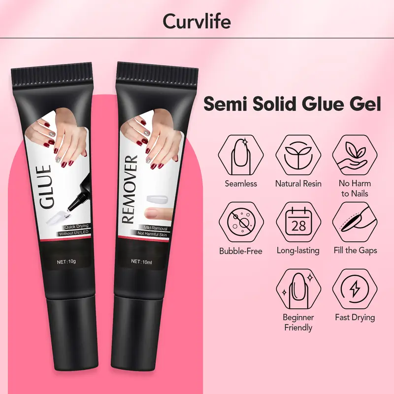 Newly Upgraded 10g Quick-Drying Semi-Solid Nail Glue with 10ml Remover – Long-Lasting Adhesive Gel for Press-On Nails, Acrylic Tips, and Salon-Quality Nail Kits – Easy Application, No UV Lamp Needed for Home or Salon Use