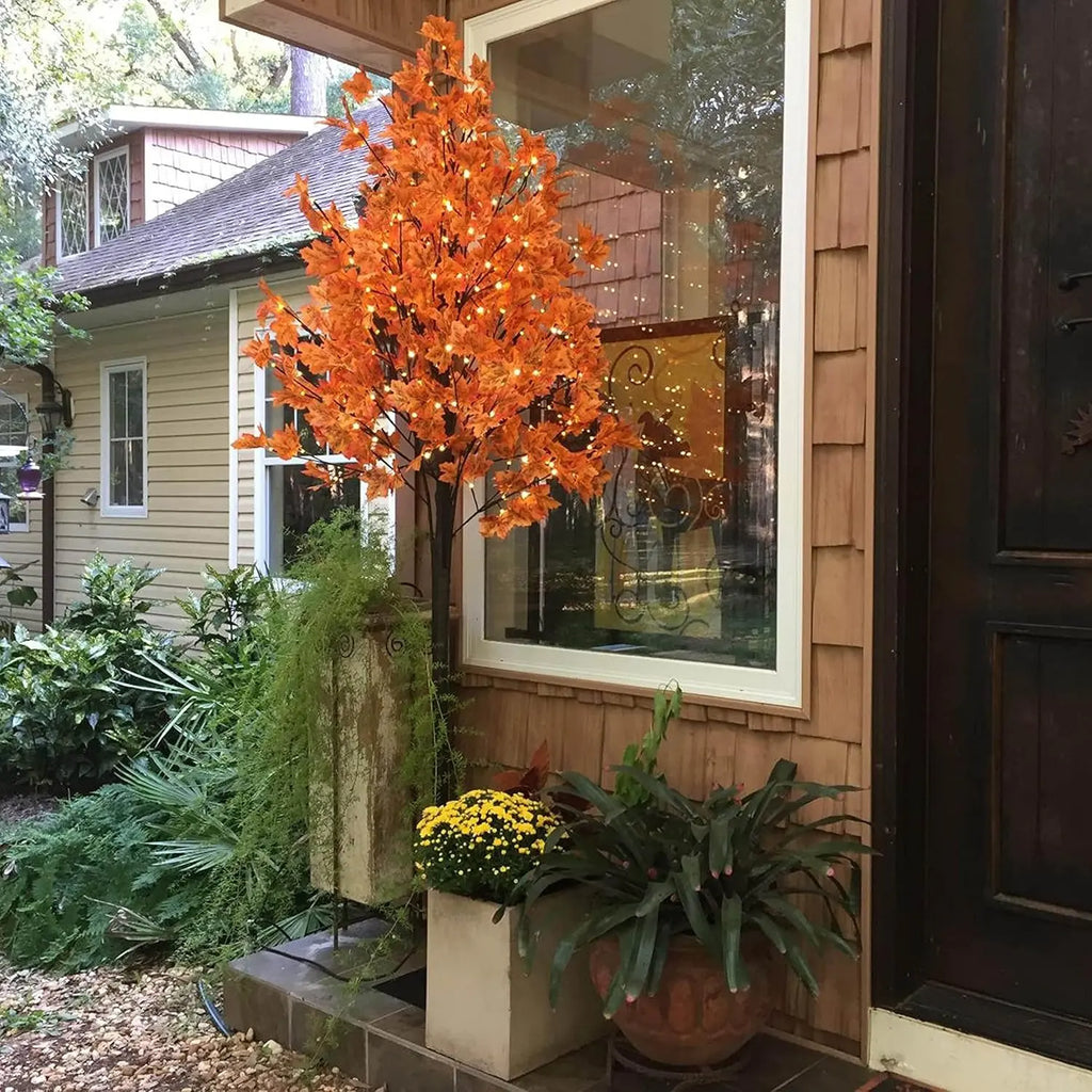 6FT LED Artificial Maple Tree, 160 Warm White Lights Fall Decor Tree with Orange Leaves, Knock-Down Lighted Maple Tree for Thanksgiving Halloween Indoor Outdoor Autumn Home Decor