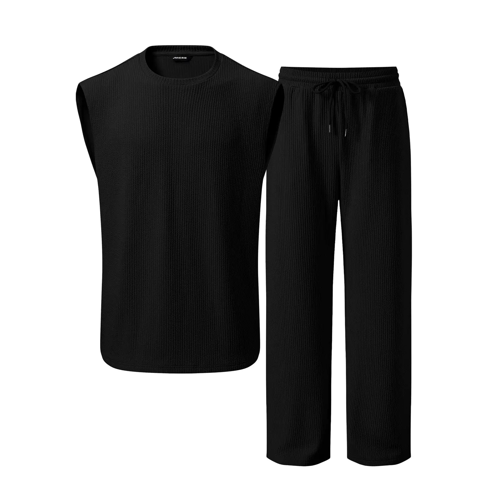 Mens 2 Piece Rib Knit Sweatsuit Summer Sleeveless Tank Top Baggy Wide Leg Pants Set Vacation Beach Outfit for Men