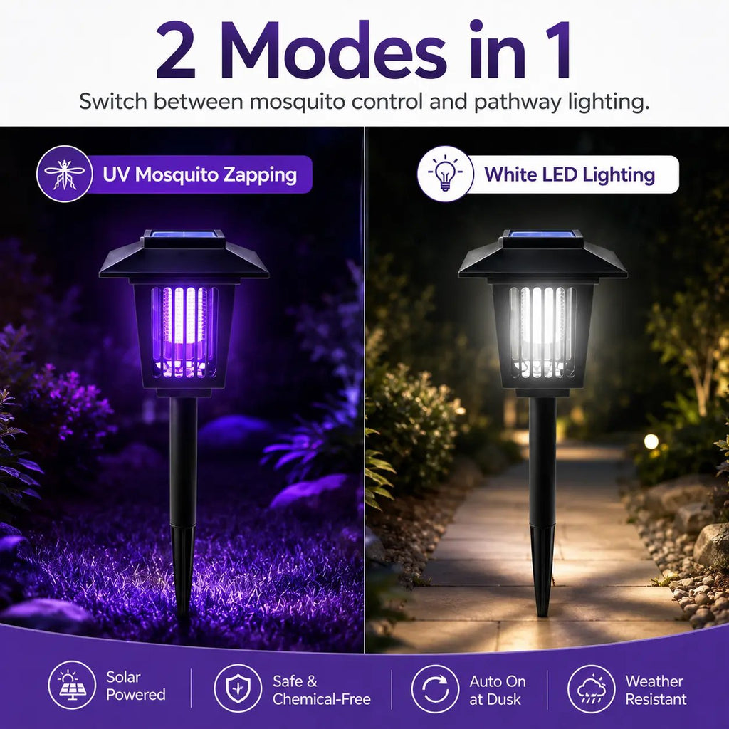 ☀️ 2-in-1 Solar Bug Zapper – UV Mosquito Killer + Soft Pathway Light, Auto Dusk-to-Dawn, IP65