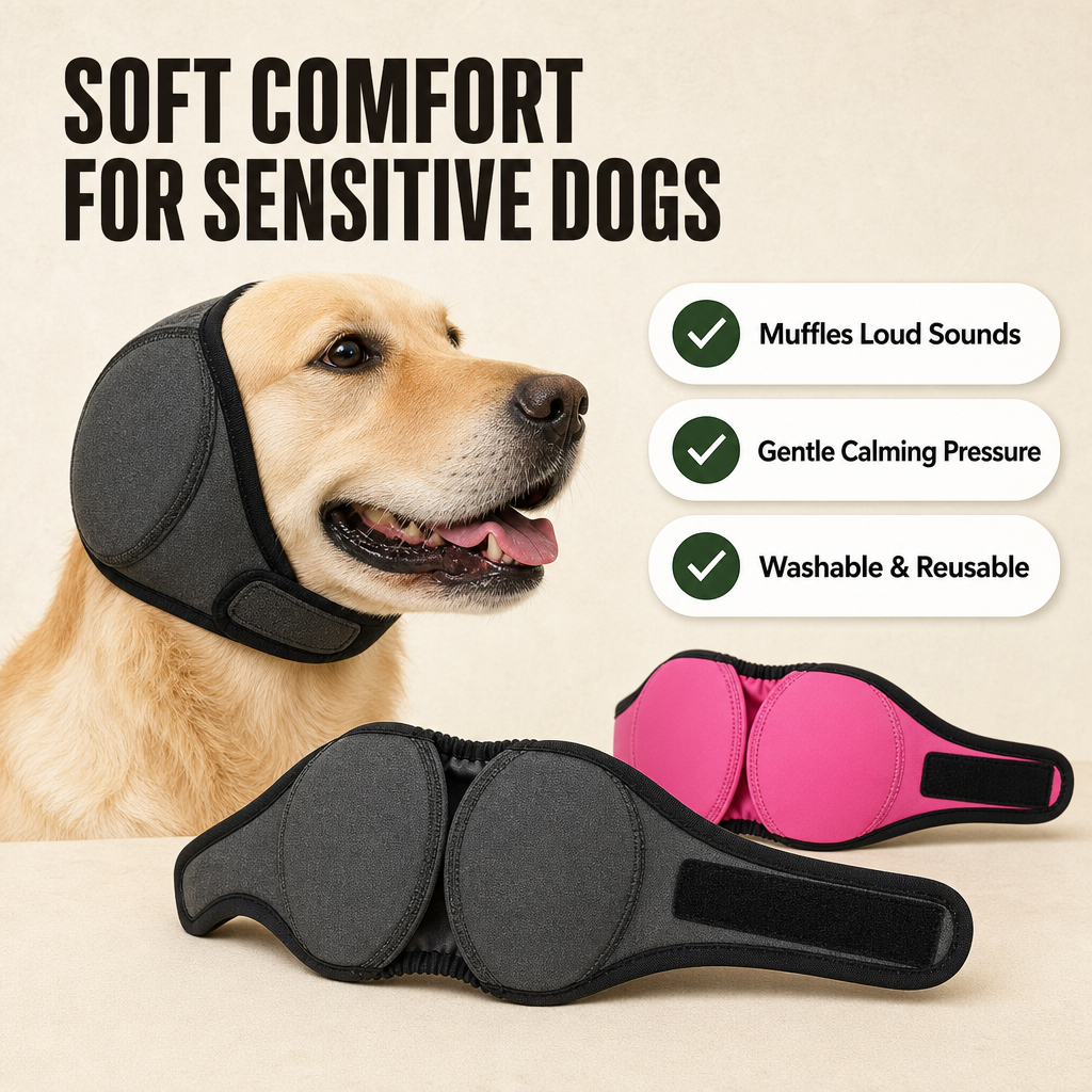 Ezvara™ Noise Cancelling Dog Ear Wrap – Calming Ear Cover for Fireworks & Thunderstorms