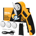 【MothersDayGift】Cordless Electric Scissors 4V – Rechargeable Heavy Duty Cutter with Safety Lock, LED Light, Long Battery Life & 2 Extra Blades | Easy-to-Use Wireless Shears for Cardboard, Packaging Yellow with Storage Bag