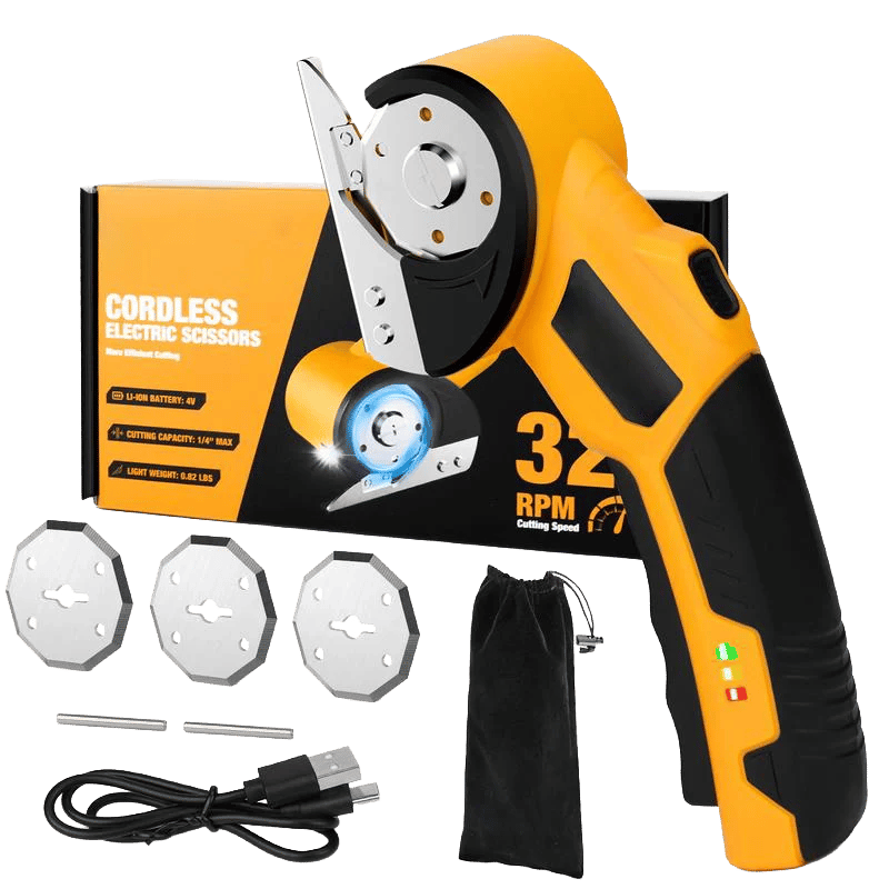 【MothersDayGift】Cordless Electric Scissors 4V – Rechargeable Heavy Duty Cutter with Safety Lock, LED Light, Long Battery Life & 2 Extra Blades | Easy-to-Use Wireless Shears for Cardboard, Packaging Yellow with Storage Bag