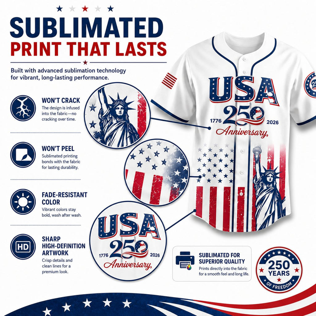 🗽 USA 250th Anniversary Baseball Jersey – Patriotic Statue of Liberty Print, 4th of July Outfit