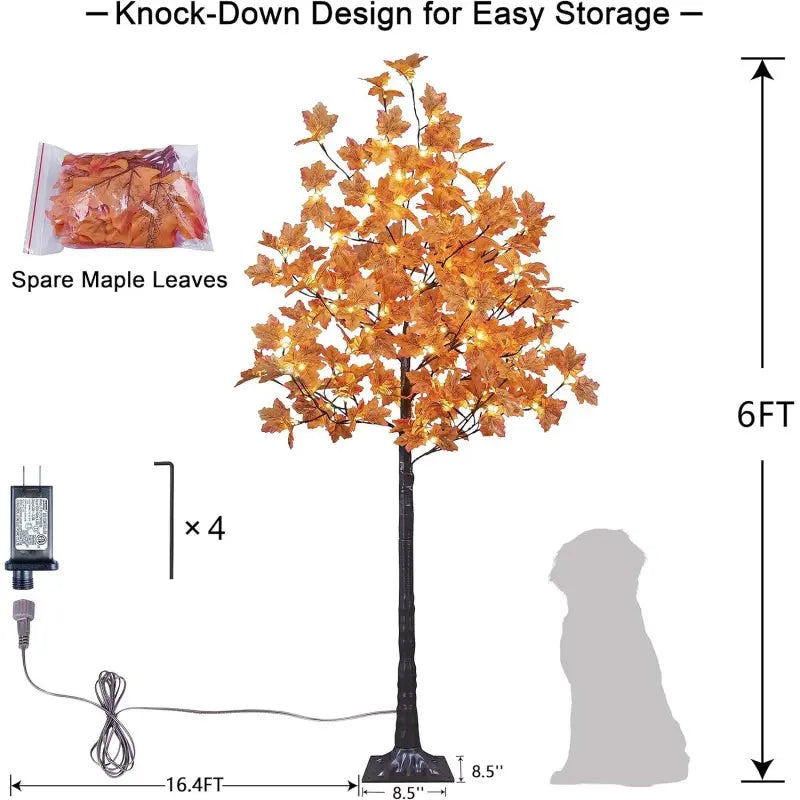 6FT LED Artificial Maple Tree, 160 Warm White Lights Fall Decor Tree with Orange Leaves, Knock-Down Lighted Maple Tree for Thanksgiving Halloween Indoor Outdoor Autumn Home Decor